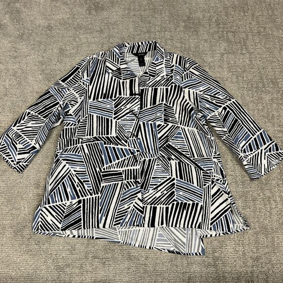 Ali Miles Top Shirt Womens Large Blue White Black Tunic 3/4 Sleeves Asymmetric - Picture 1 of 11